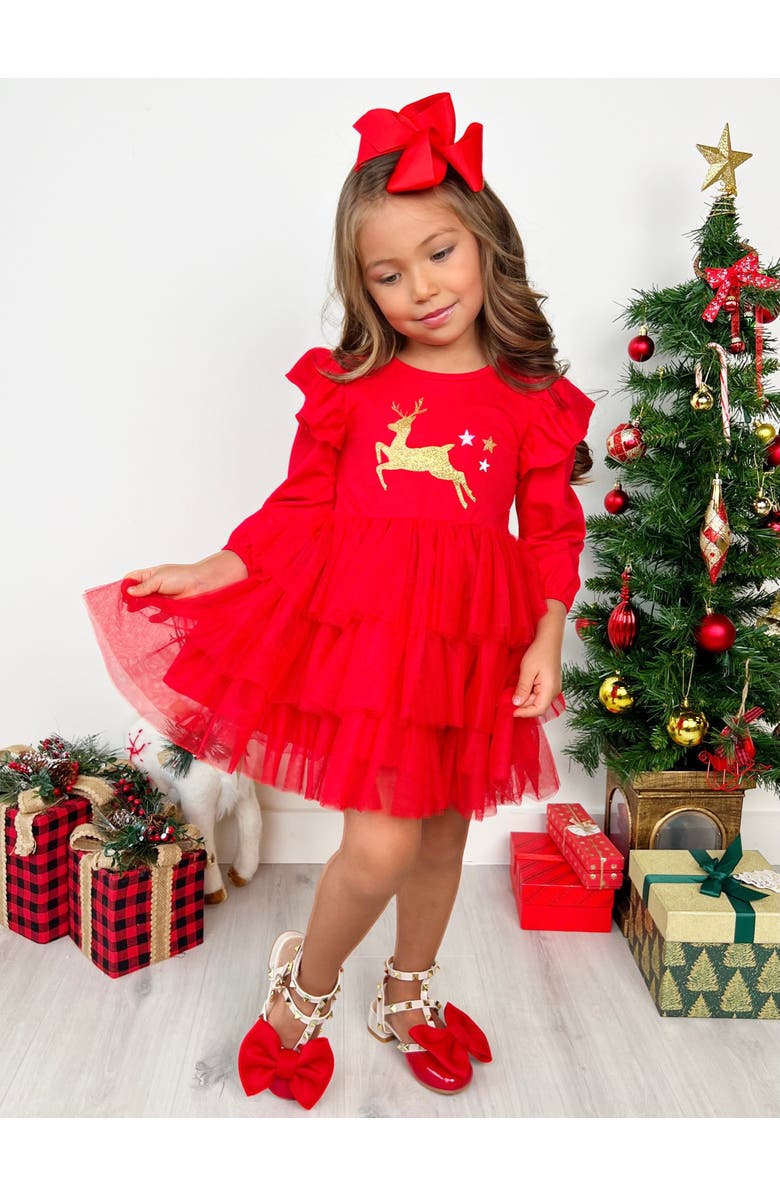 Mia Belle Girls Golden Reindeer Ruffled Tutu Dress, Alternate, color, Red