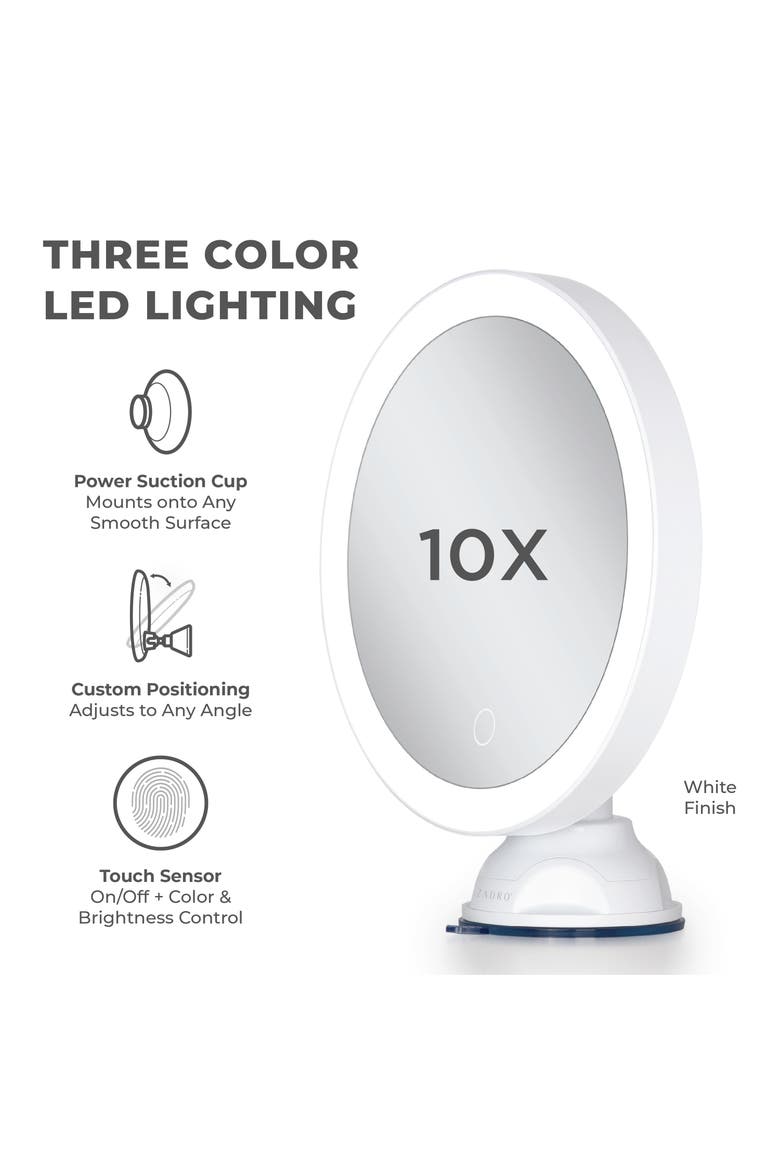Lighted Wall Mounted Suction Cup Makeup Mirror with 10X Magnification, Alternate, color, White