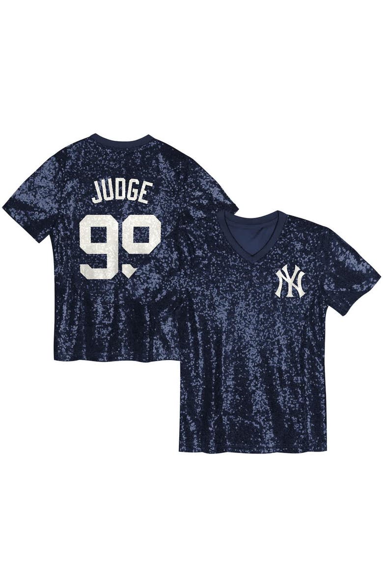 Outerstuff Juniors Aaron Judge Navy New York Yankees Name & Number Sequin V-Neck Top, Alternate, color, Navy
