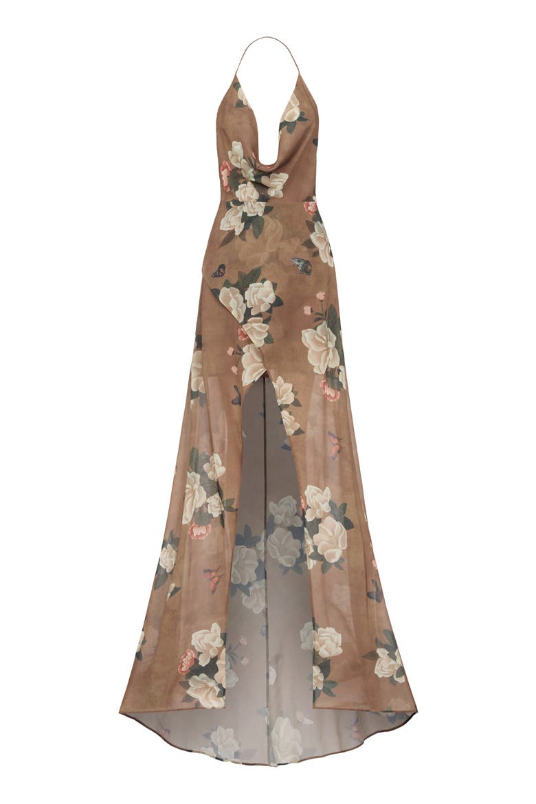 Cairo Floral Plunge Halter Neck Gown, Alternate, color, DESERT TAUPE