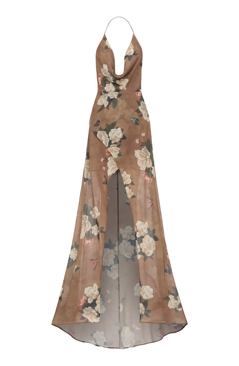 SAU LEE Cairo Floral Plunge Halter Neck Gown, Alternate, color, Desert Taupe