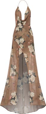 SAU LEE Cairo Floral Plunge Halter Neck Gown