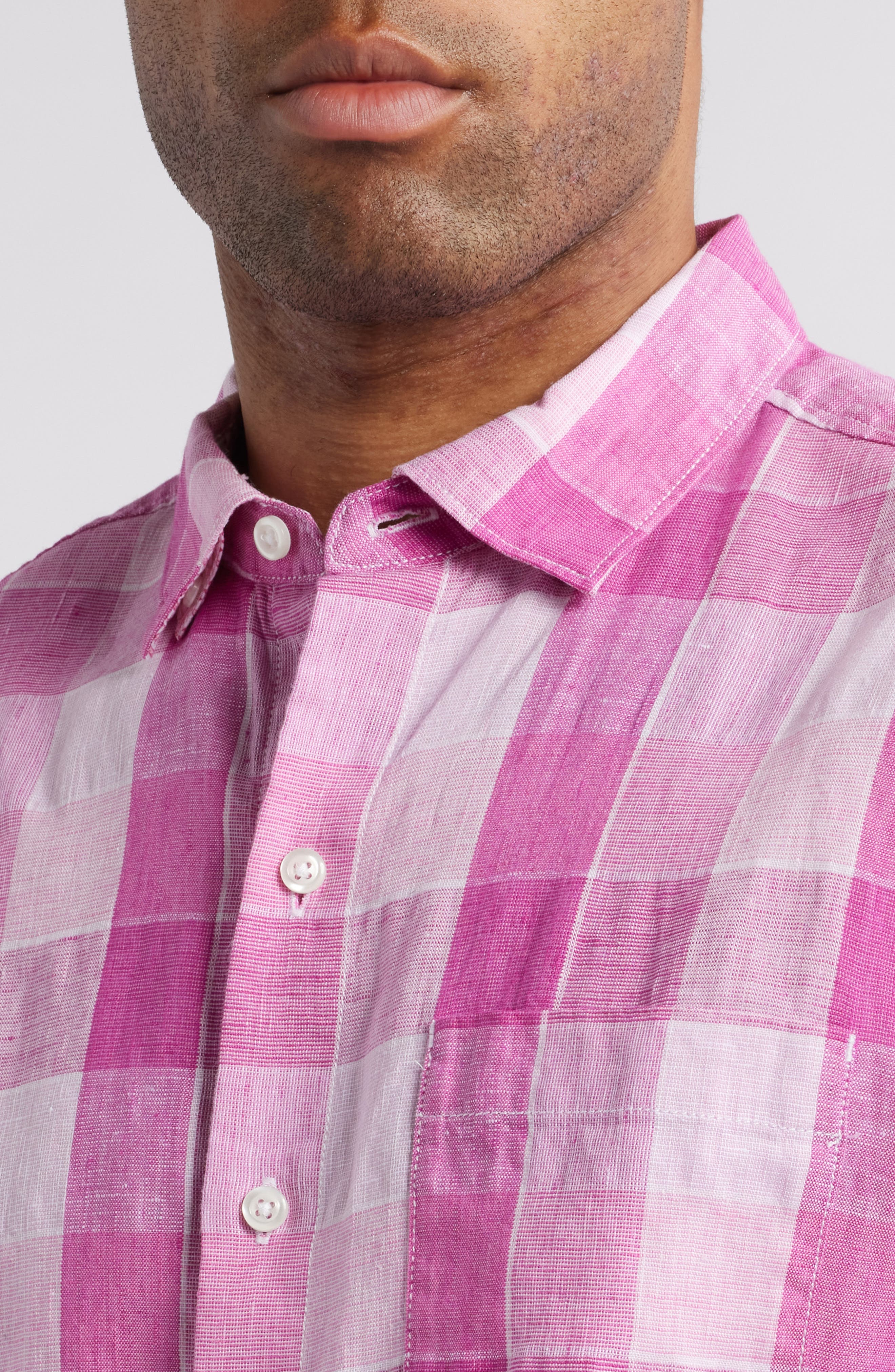 Barbados Breeze Beach Day Check Stretch Linen Button-Up Shirt - image 2