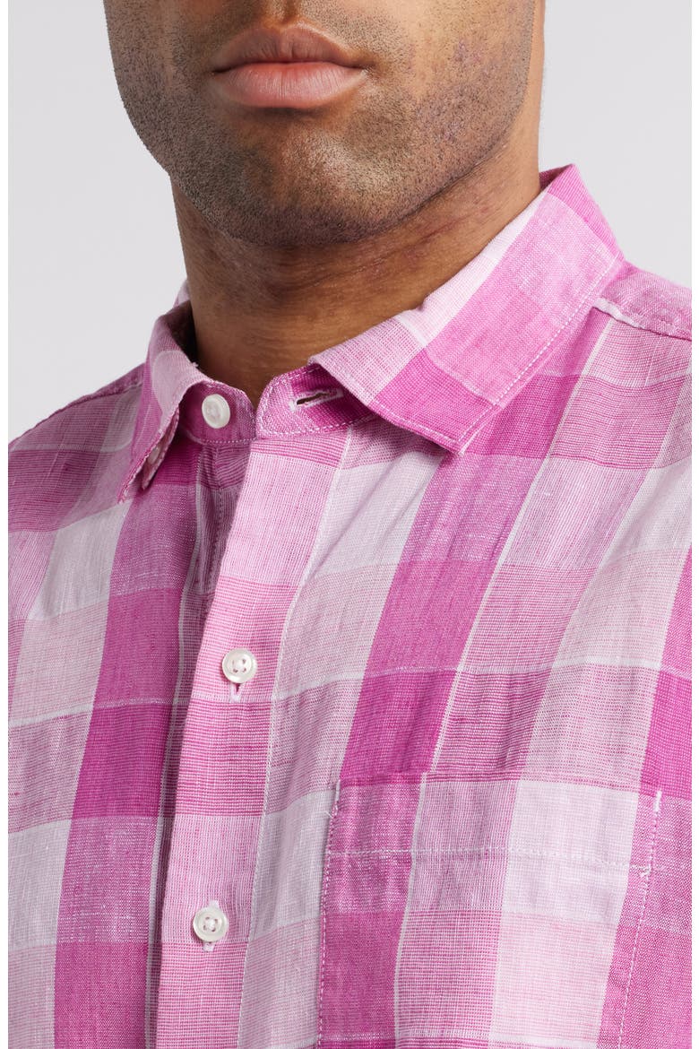 Barbados Breeze Beach Day Check Stretch Linen Button-Up Shirt, Alternate, color, FESTIVAL