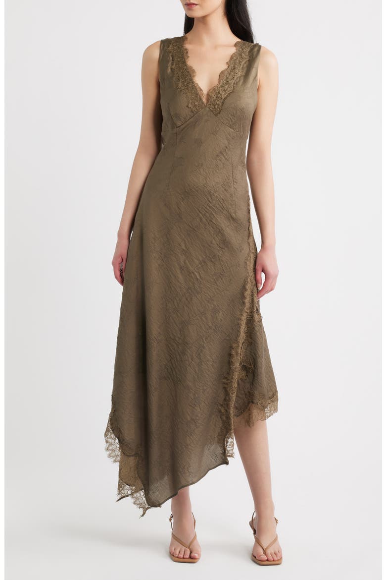 Lace Trim Asymmetrical Hem Dress, Main, color, DARK OLIVE
