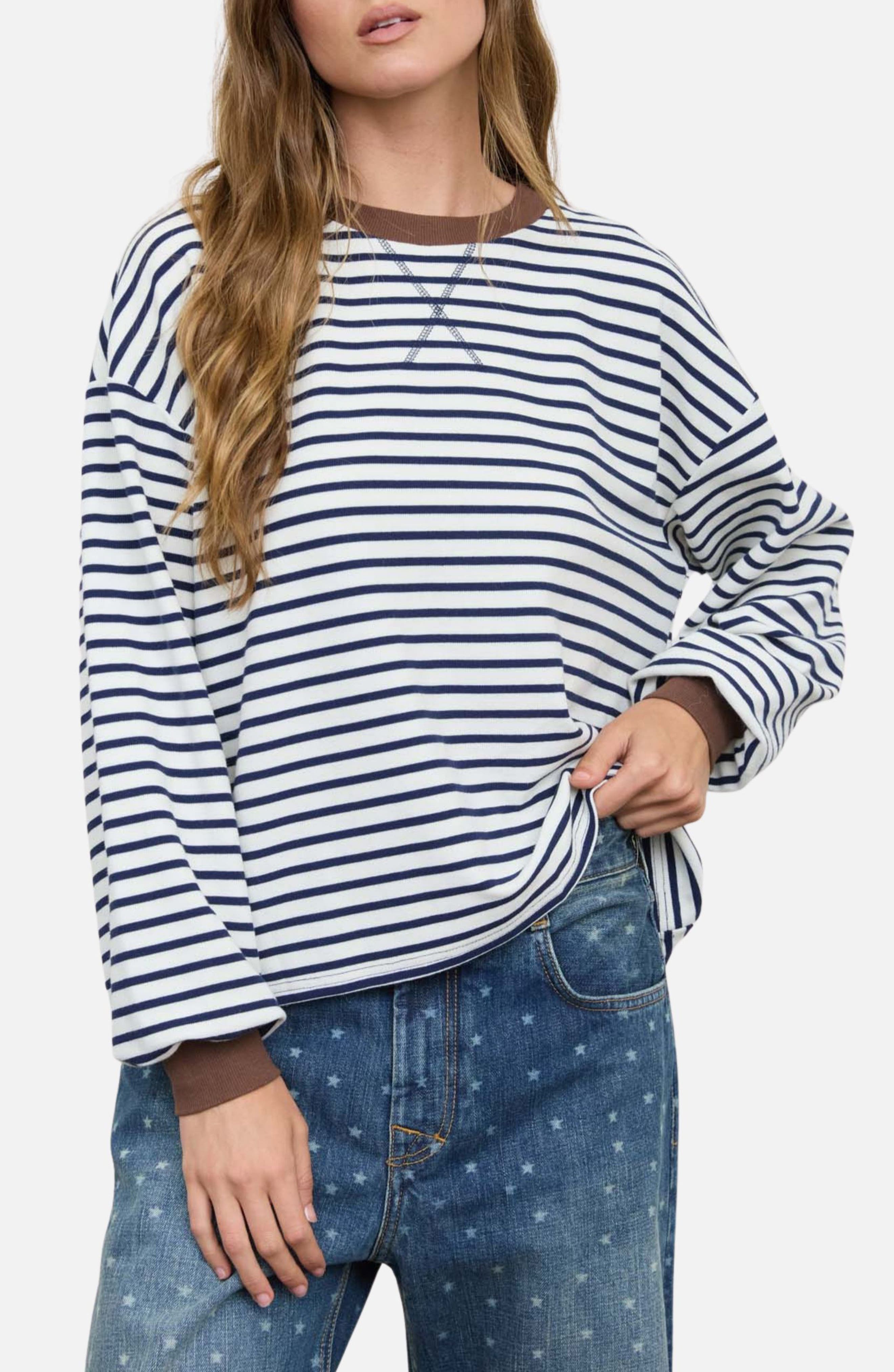 Stripe V-Stitch Long Sleeve Knit Top