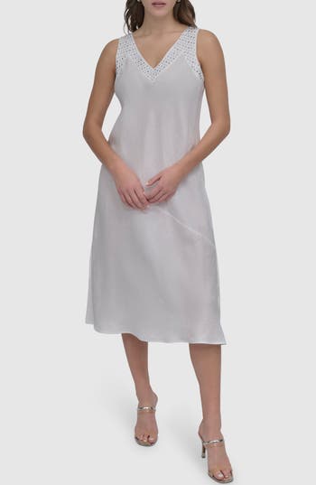 Dkny Stud Detail Linen Midi Dress In White