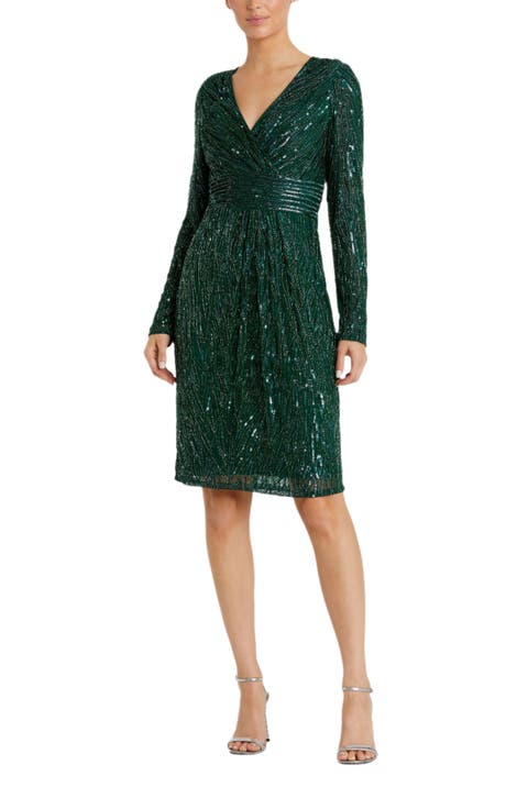 Long Sleeve Embellished Sequin Cocktail Dress