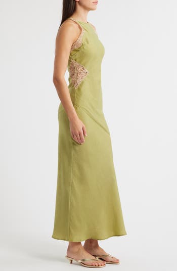 Lace Inset Sleeveless Satin Midi Dress