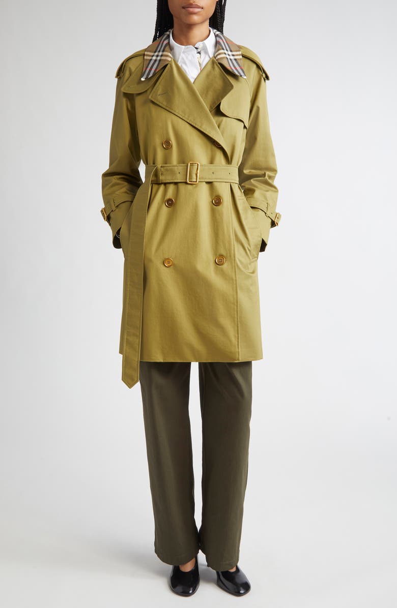 Burberry Castleford Check Collar Water Resistant Gabardine Trench Coat, Alternate, color, Estate