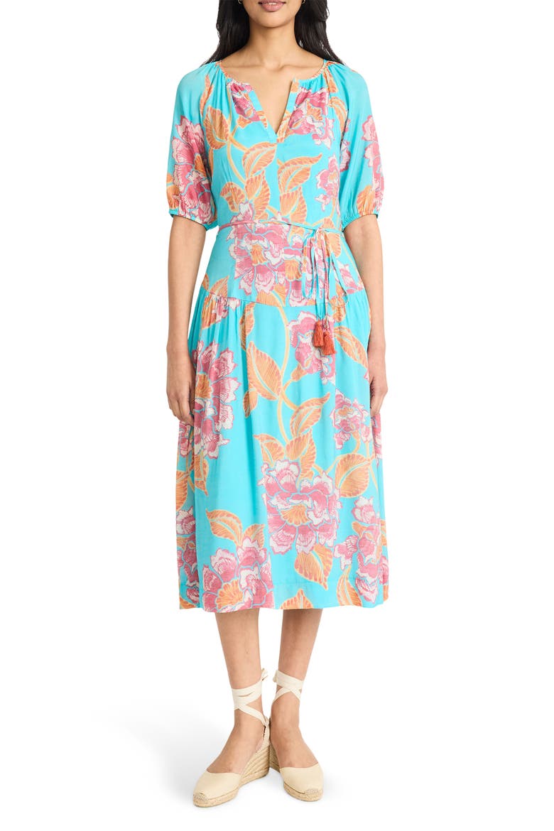 Split Neck Midi Dress, Main, color, AQUA/ ORANGE/ PINK