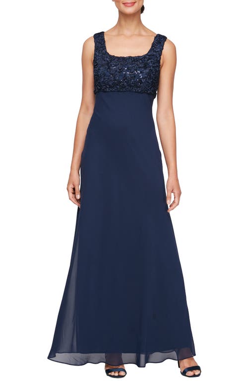 Alex Evenings Sequin Soutache Lace Empire Waist Chiffon Gown With Jacket In Blue
