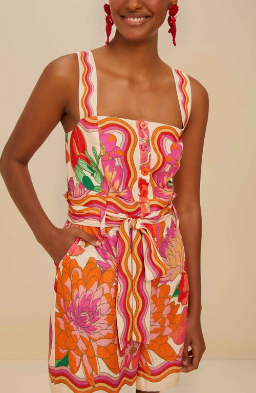 Farm Rio Spring Affair Linen-blend Sleeveless Square-neck Romper