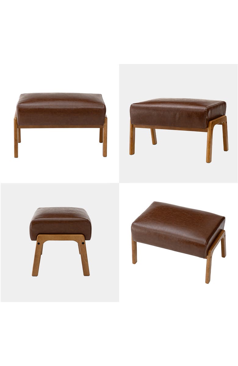 Glitzhome Mid-century Modern Faux Leather Accent Stool with Walnut Rubberwood Legs, Alternate, color, Coffee