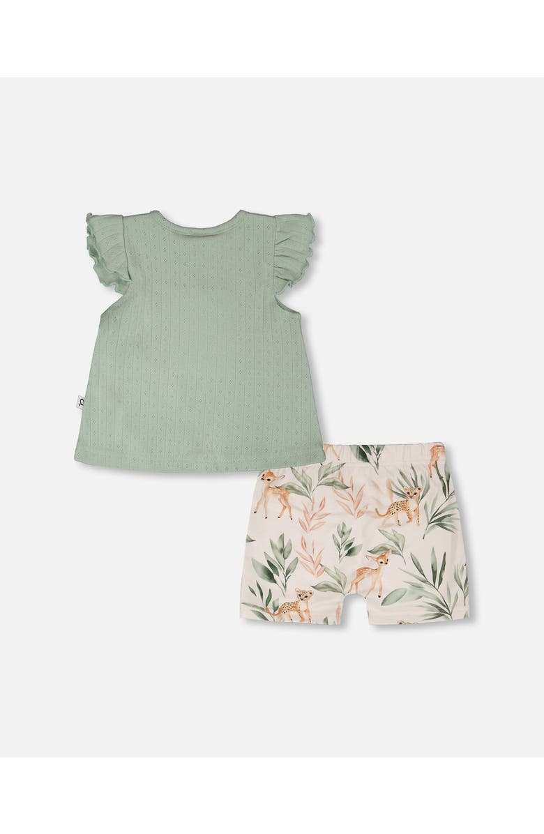 Deux par Deux Pointelle Top and Organic Cotton Jersey Peach Deer Printed Short Set, Alternate, color, Green And Peach Deer Print