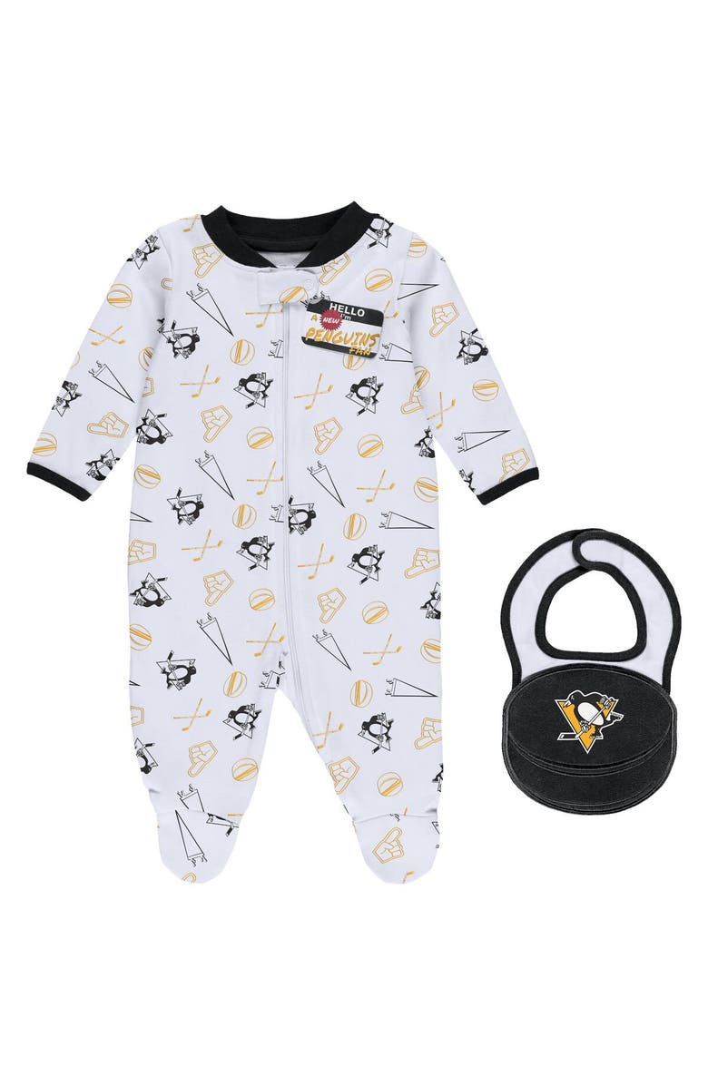 WEAR by Erin Andrews Newborn & Infant WEAR by Erin Andrews White Pittsburgh Penguins Sleep & Play Full-Zip Footed Jumper with Bib, Main, color, 