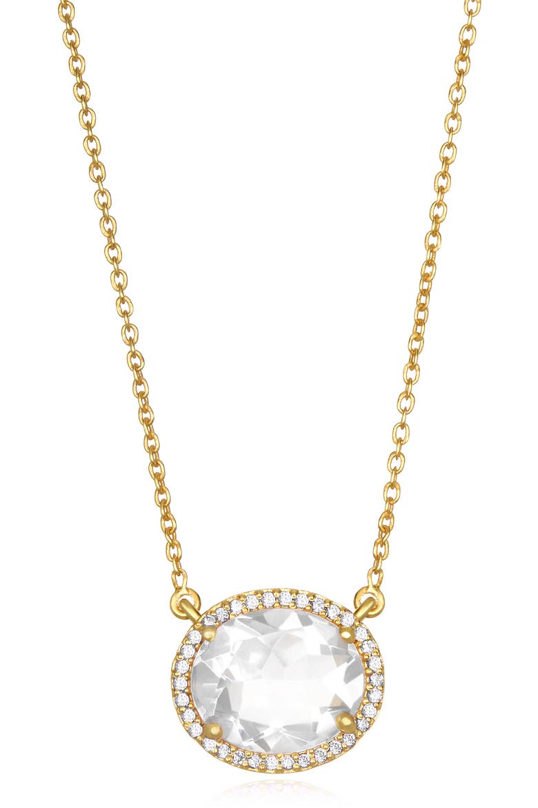 Charleston 14K Yellow Gold Plated Quartz Halo Pendant Necklace, Main, color, CLEAR GOLD