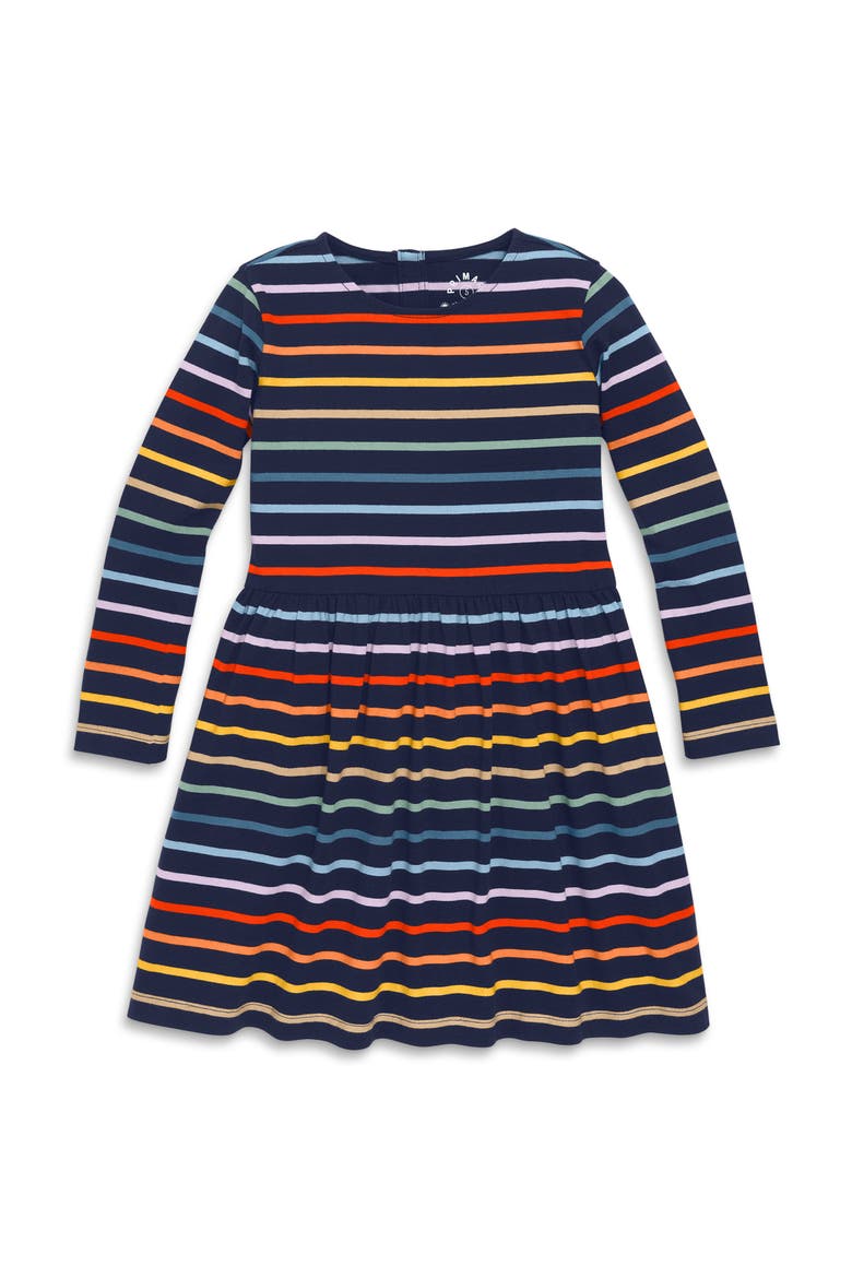 Kids Long Sleeve Perfect Pocket Dress In Rainbow Stripe, Main, color, Navy/rainbow stripe