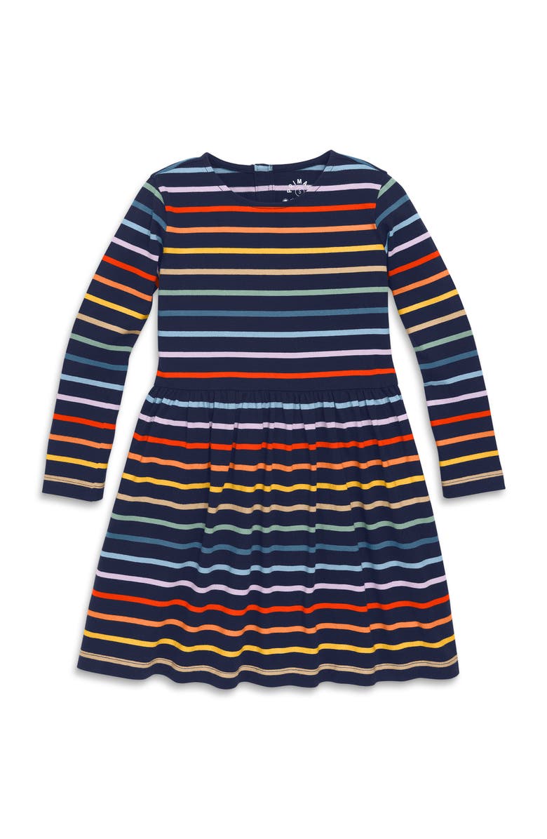 Primary Kids Long Sleeve Perfect Pocket Dress In Rainbow Stripe, Main, color, Navy/Rainbow Stripe