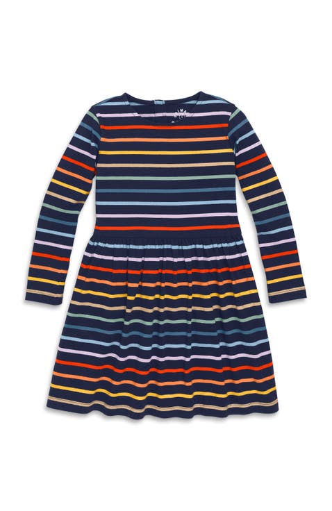 Kids Long Sleeve Perfect Pocket Dress In Rainbow Stripe