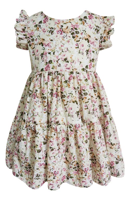 Popatu Floral Ruffle Shoulder Tiered Cotton Dress in Ivory Multi 