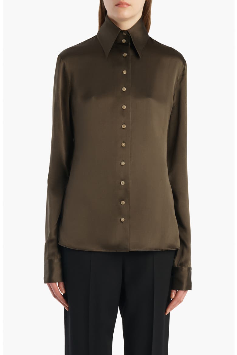 Ivy Silk Button-Up Shirt, Main, color, DARK OLIVE