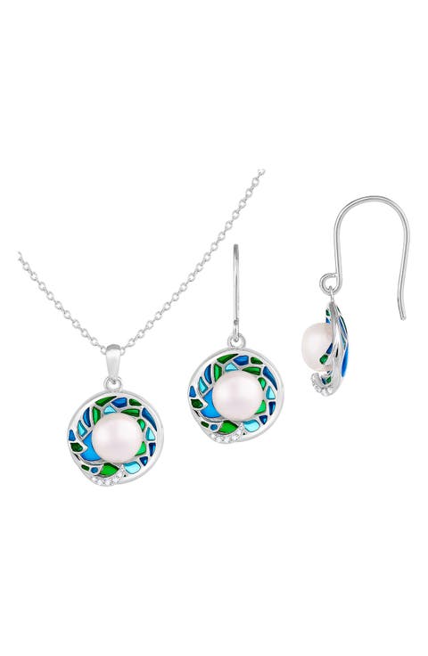 Enamel Freshwater Pearl Necklace & Earrings Set
