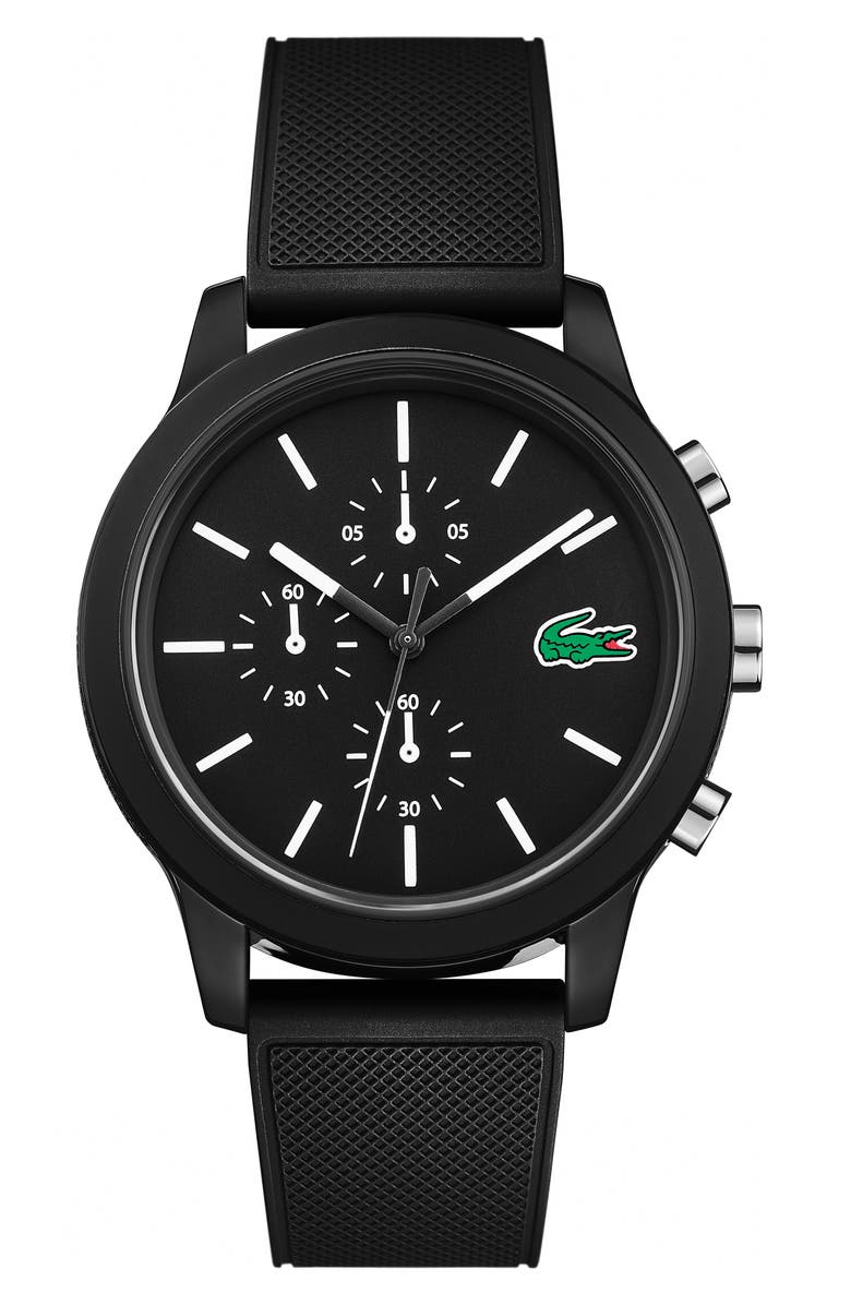 Lacoste 12.12 Chronograph Silicone Band Watch, 44mm, Main, color, Black