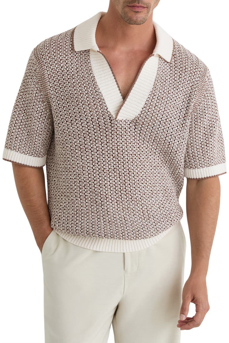 Atlas Crochet Cotton Blend Polo Sweater, Main, color, TOBACCO BROWN/ ECRU