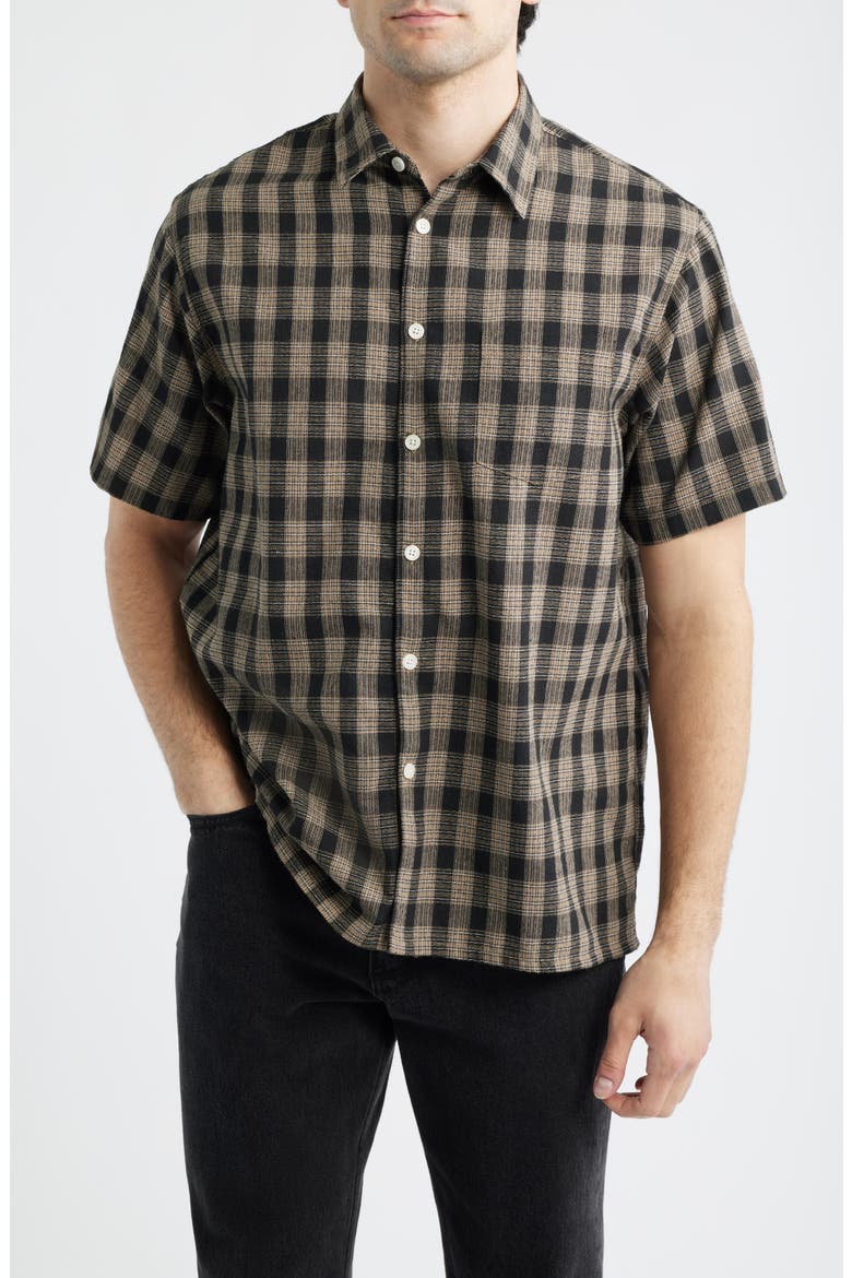 Office Woven Check Short Sleeve Cotton Button-Up Shirt, Main, color, BLACK
