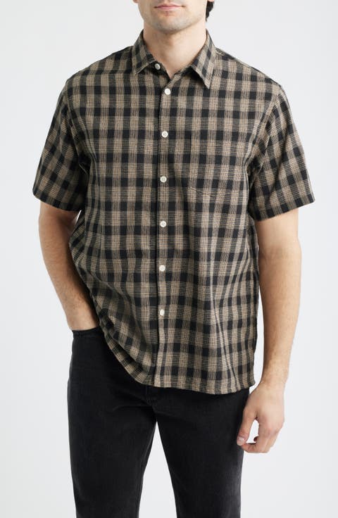 Office Woven Check Short Sleeve Cotton Button-Up Shirt