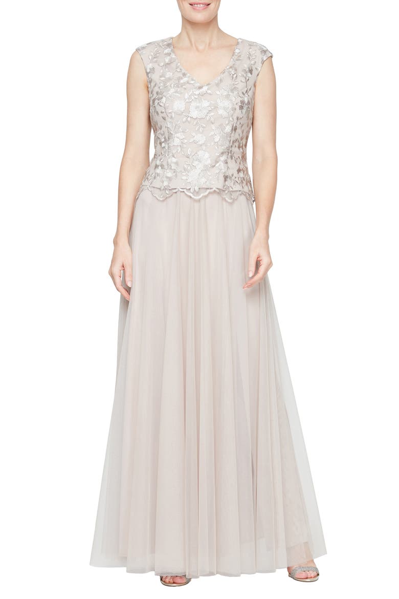 Embroidered Cap Sleeve Mock Evening Dress, Main, color, TAUPE
