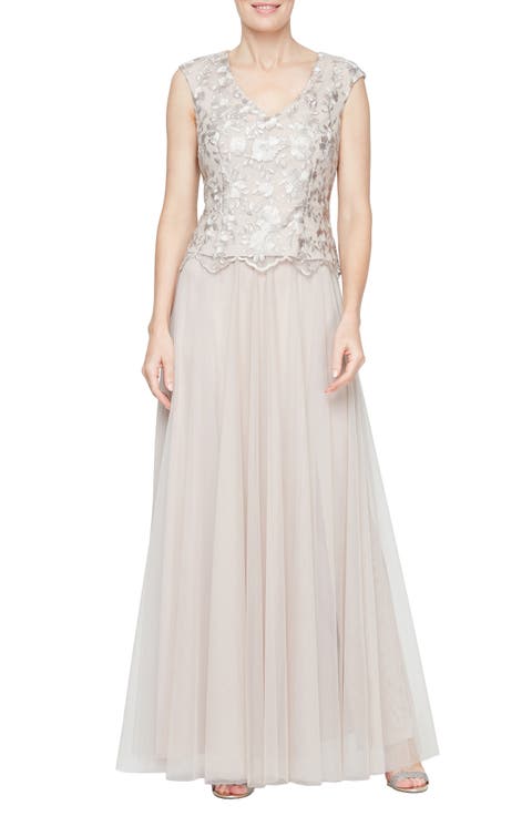 Embroidered Cap Sleeve Mock Evening Dress