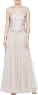 Alex Evenings Embroidered Cap Sleeve Mock Evening Dress
