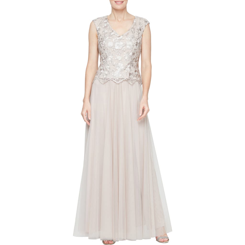 Alex Evenings Embroidered Cap Sleeve Mock Evening Dress In Taupe