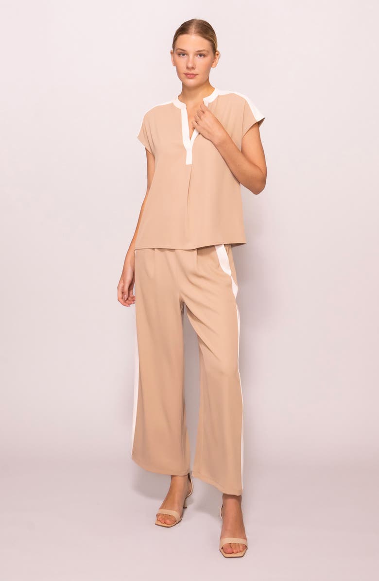 MELLODAY Split Neck Cap Sleeve Contrast Trim Top, Alternate, color, Light Khaki/ Bone