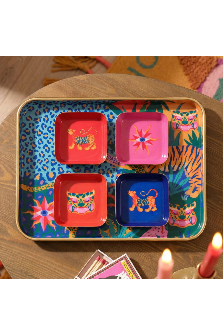 Nanpur Patterned Square Metal Decorative Tray 4 Pcs Set, Alternate, color, Pink