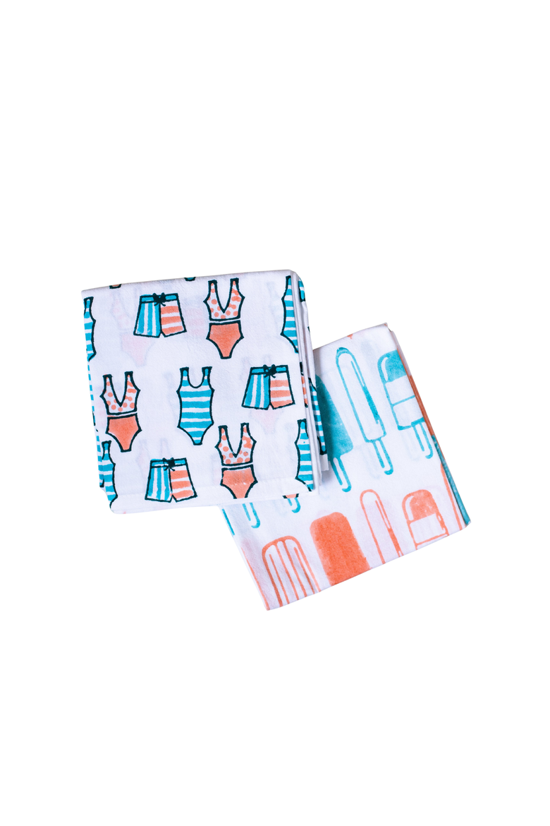 Tea Towel Set - Swimsuits & Popsicles, Main, color, Melon & Saltwater