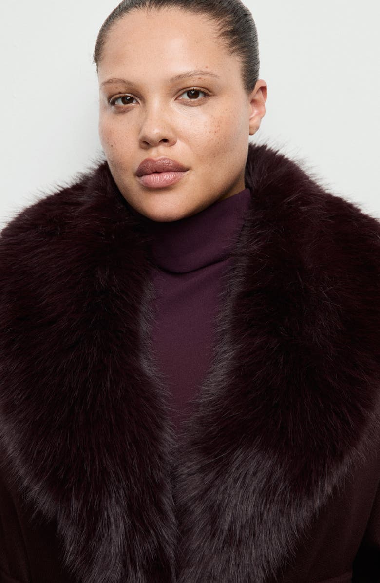 MANGO Manteco Belted Longline Trench Coat with Removable Faux Fur Collar, Alternate, color, Maroon