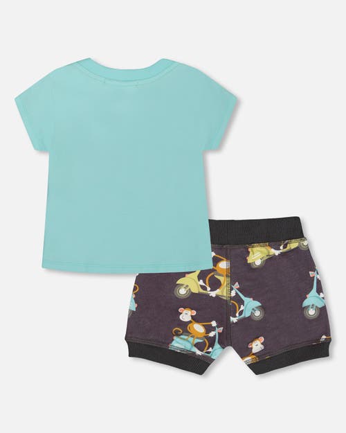 Deux Par Deux Baby Boy's Two-piece Top And Short Set Monkey On Navy And Turquoise Moped In Monkey On Navy And Turquoise