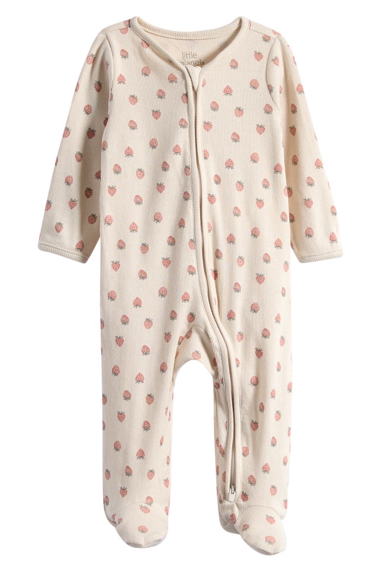 Print Stretch Organic Cotton Zip Footie, Main, color, LITTLE PLANET STRAWBERRIES