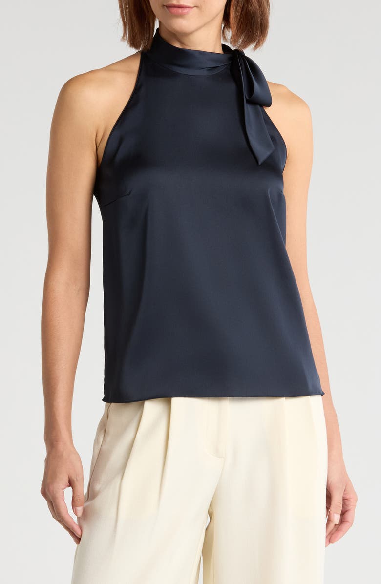 Theory Tie Neck Satin Tank, Main, color, Navy
