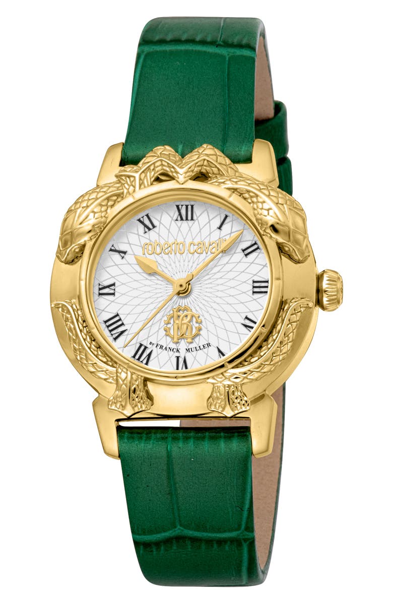Roberto Cavalli by Franck Muller Leather Strap Watch, 32mm, Main, color, Green