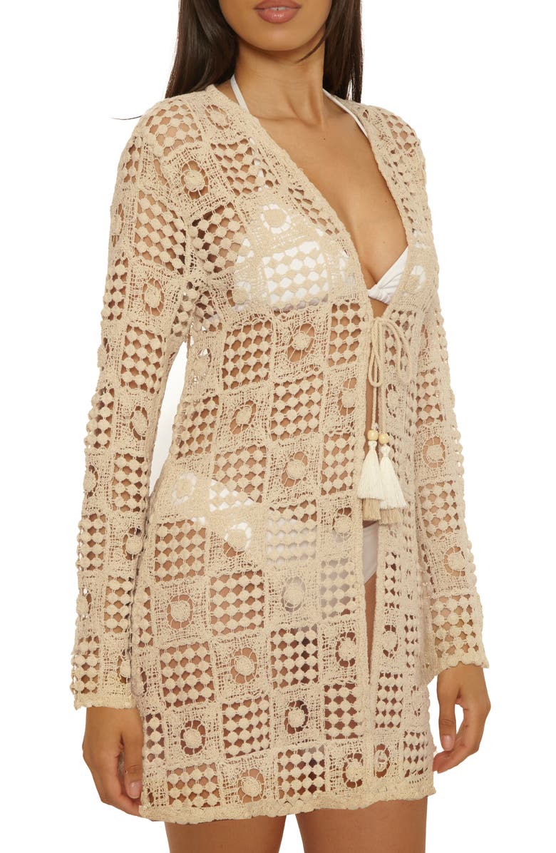 Lucky Brand Tulum Long Sleeve Open Stitch Cotton Cover-Up Tunic, Alternate, color, Natural