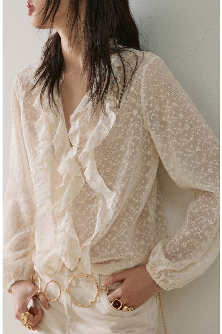Ruffle Detail Embroidered Top, Main, color, ECRU