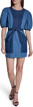 BCBG Tie Waist Puff Sleeve Denim Minidress