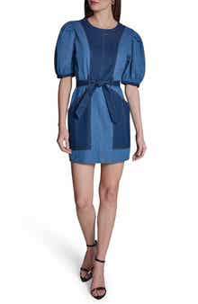 BCBG Tie Waist Puff Sleeve Denim Minidress