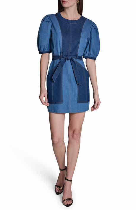 BCBG Tie Waist Puff Sleeve Denim Minidress
