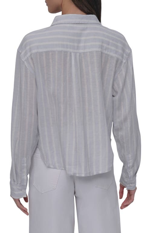 Dkny Jeans Stripe Crop Linen Blend Button-up Shirt In Powder Blue/ivory