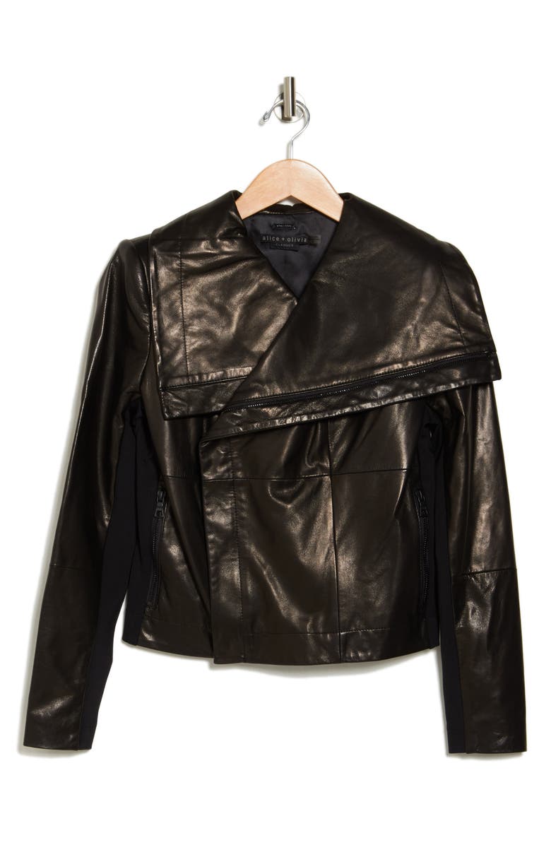 Alice + Olivia Nita Drape Front Leather Jacket, Alternate, color, 